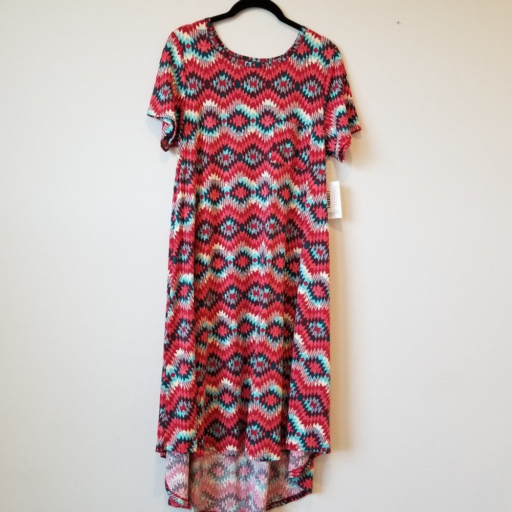 LuLaRoe High-Low Dress in Red, Teal, Black Geometric Print